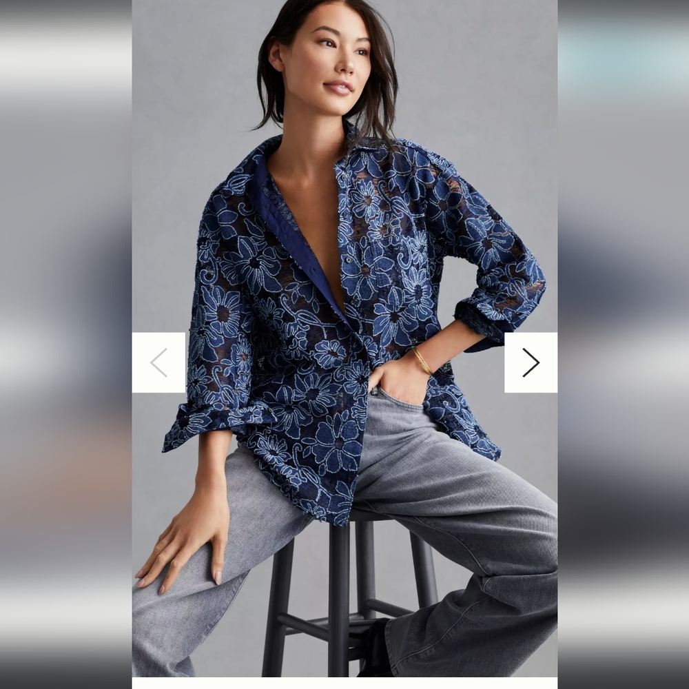Pilcro Anthropologie blue sheer lace blouse button up xxs petite  NWT